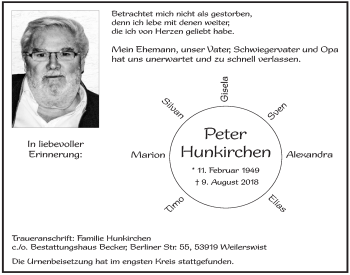 Anzeige von Peter Hunkirchen von  Blickpunkt Euskirchen 