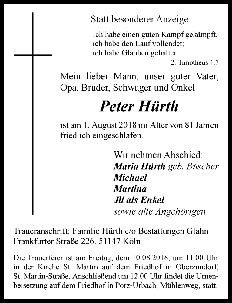  Traueranzeige für Peter Hürth vom 08.08.2018 aus  Kölner Wochenspiegel 