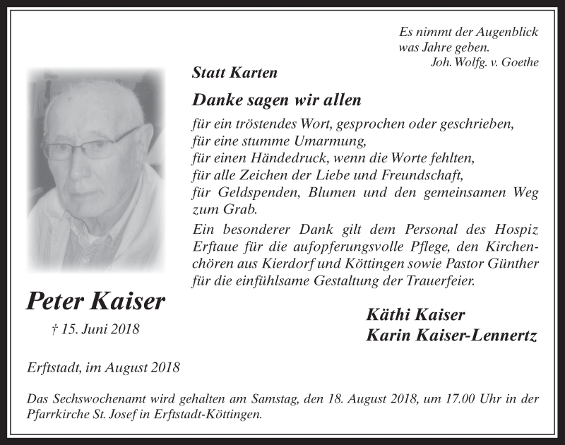  Traueranzeige für Peter Kaiser vom 15.08.2018 aus 