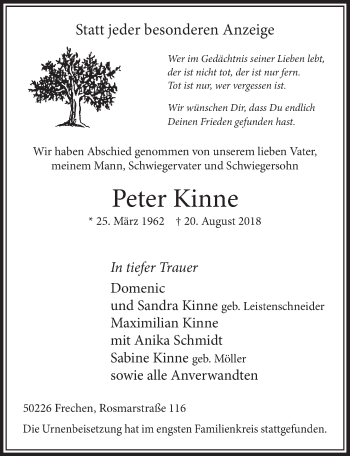 Anzeige von Peter Kinne von  Sonntags-Post 