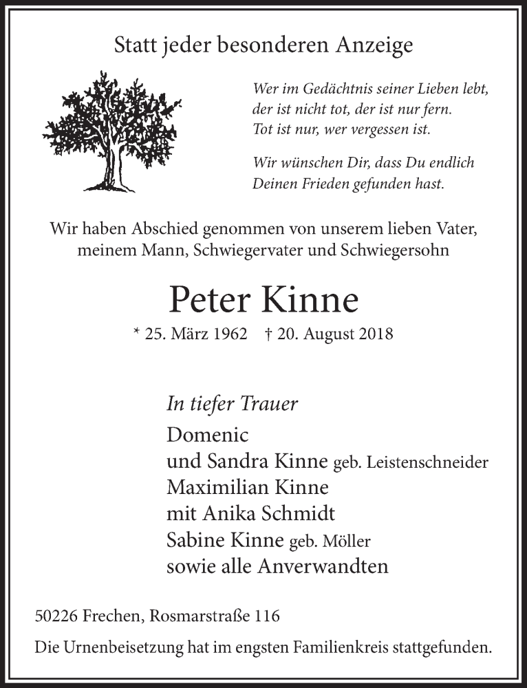  Traueranzeige für Peter Kinne vom 01.09.2018 aus  Sonntags-Post 