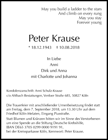 Anzeige von Peter Krause von Kölner Stadt-Anzeiger / Kölnische Rundschau / Express