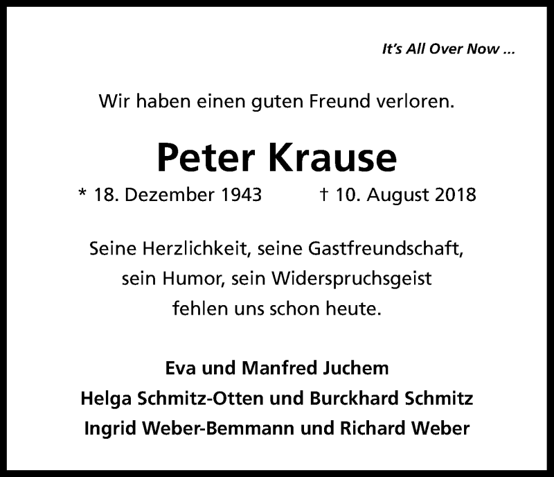  Traueranzeige für Peter Krause vom 01.09.2018 aus Kölner Stadt-Anzeiger / Kölnische Rundschau / Express