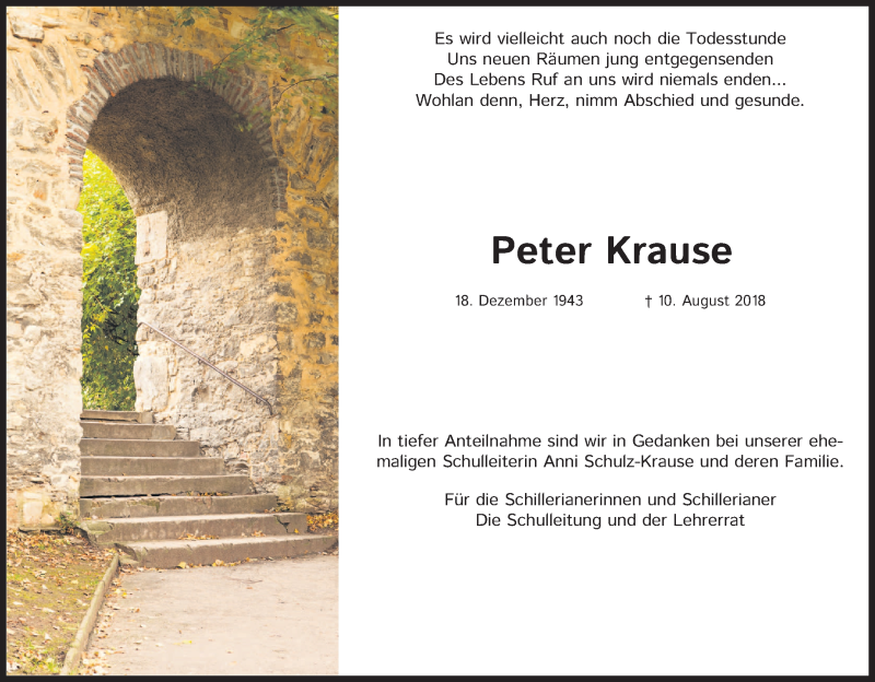  Traueranzeige für Peter Krause vom 01.09.2018 aus Kölner Stadt-Anzeiger / Kölnische Rundschau / Express