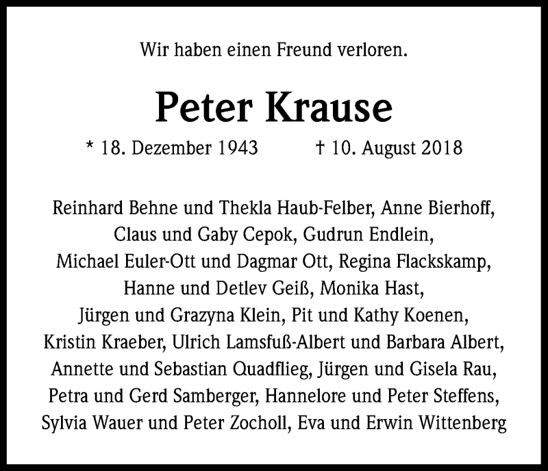  Traueranzeige für Peter Krause vom 01.09.2018 aus Kölner Stadt-Anzeiger / Kölnische Rundschau / Express