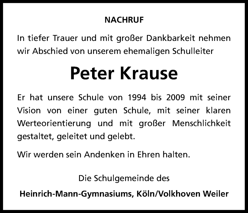 Traueranzeige für Peter Krause vom 01.09.2018 aus Kölner Stadt-Anzeiger / Kölnische Rundschau / Express