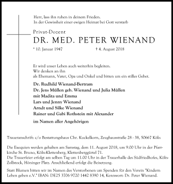 Anzeige von Peter Wienand von Kölner Stadt-Anzeiger / Kölnische Rundschau / Express