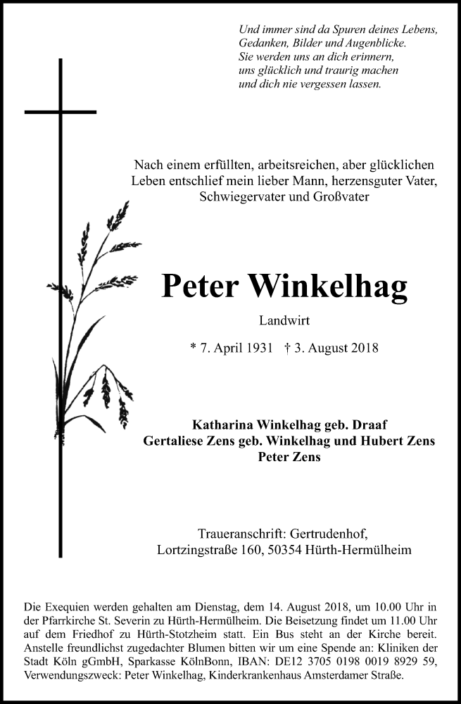  Traueranzeige für Peter Winkelhag vom 11.08.2018 aus Kölner Stadt-Anzeiger / Kölnische Rundschau / Express
