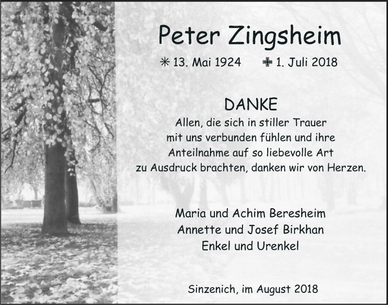  Traueranzeige für Peter Zingsheim vom 04.08.2018 aus  Blickpunkt Euskirchen 