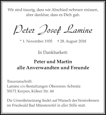 Anzeige von Peter Josef Lamine von  Sonntags-Post 
