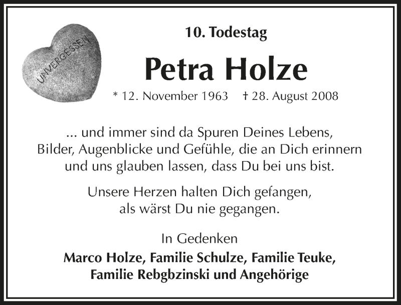  Traueranzeige für Petra Holze vom 29.08.2018 aus  Bergisches Handelsblatt 