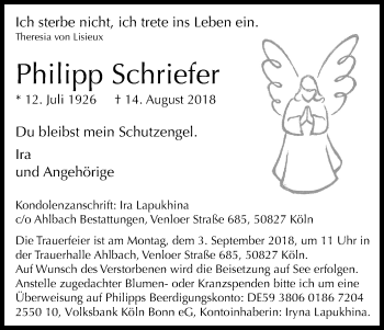 Anzeige von Philipp Schriefer von Kölner Stadt-Anzeiger / Kölnische Rundschau / Express