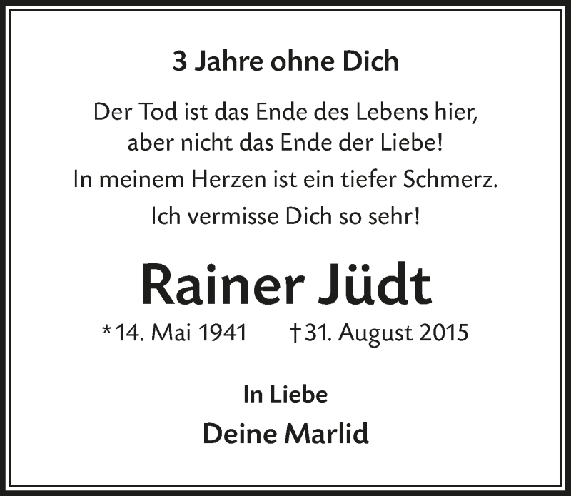  Traueranzeige für Rainer Jüdt vom 29.08.2018 aus  Lokalanzeiger 