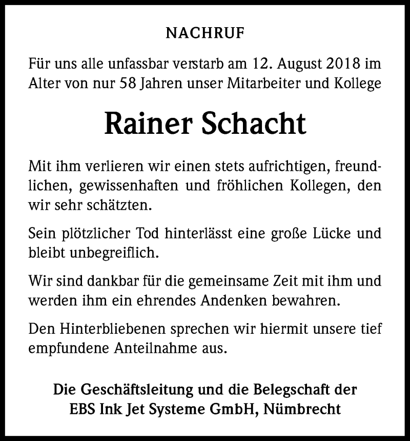  Traueranzeige für Rainer Schacht vom 01.09.2018 aus Kölner Stadt-Anzeiger / Kölnische Rundschau / Express