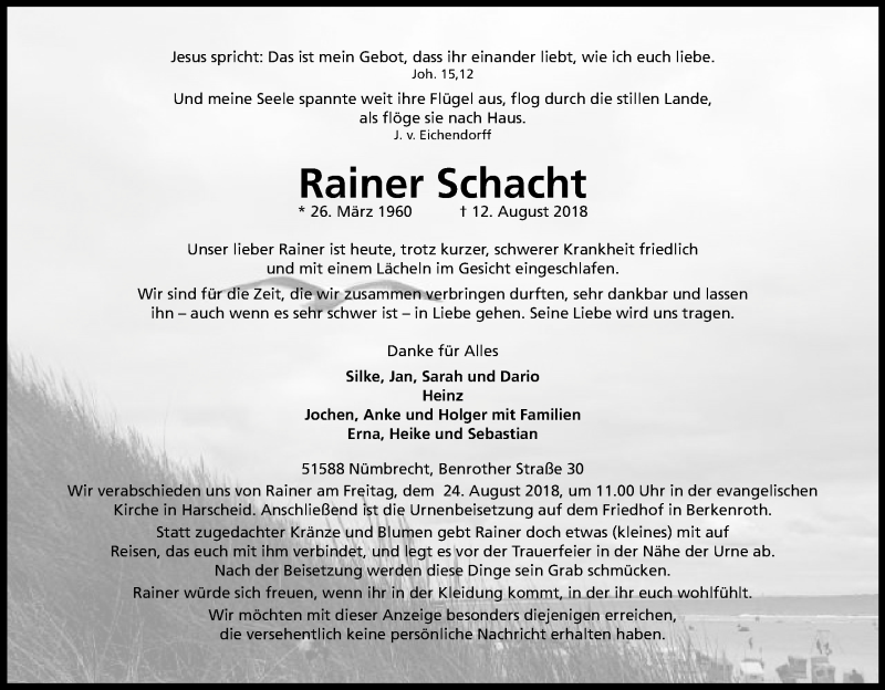  Traueranzeige für Rainer Schacht vom 18.08.2018 aus Kölner Stadt-Anzeiger / Kölnische Rundschau / Express