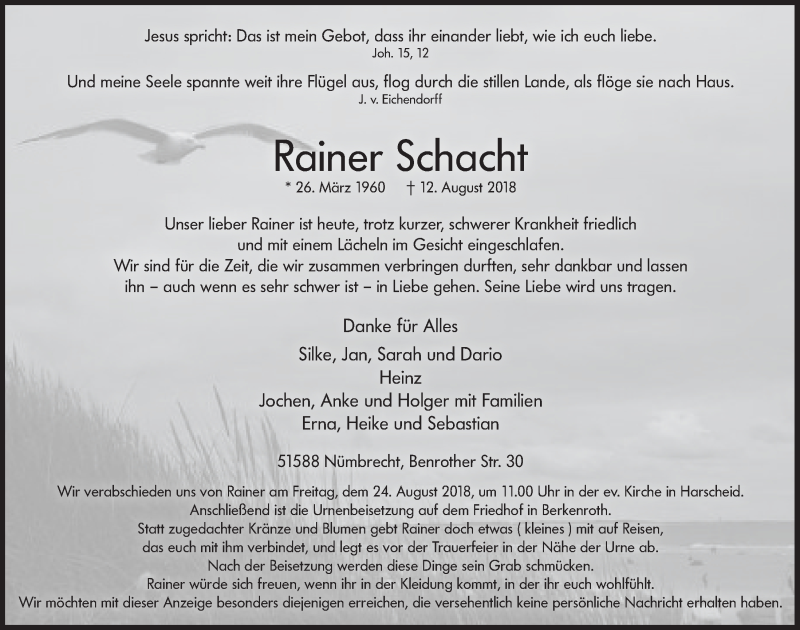  Traueranzeige für Rainer Schacht vom 22.08.2018 aus  Lokalanzeiger 