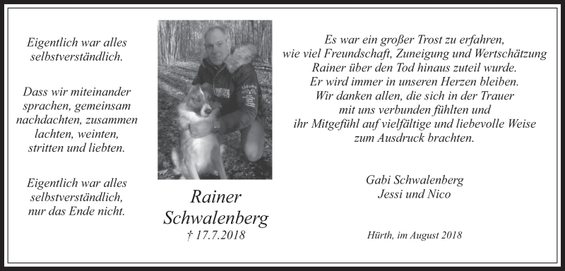  Traueranzeige für Rainer Schwalenberg vom 22.08.2018 aus  Wochenende 
