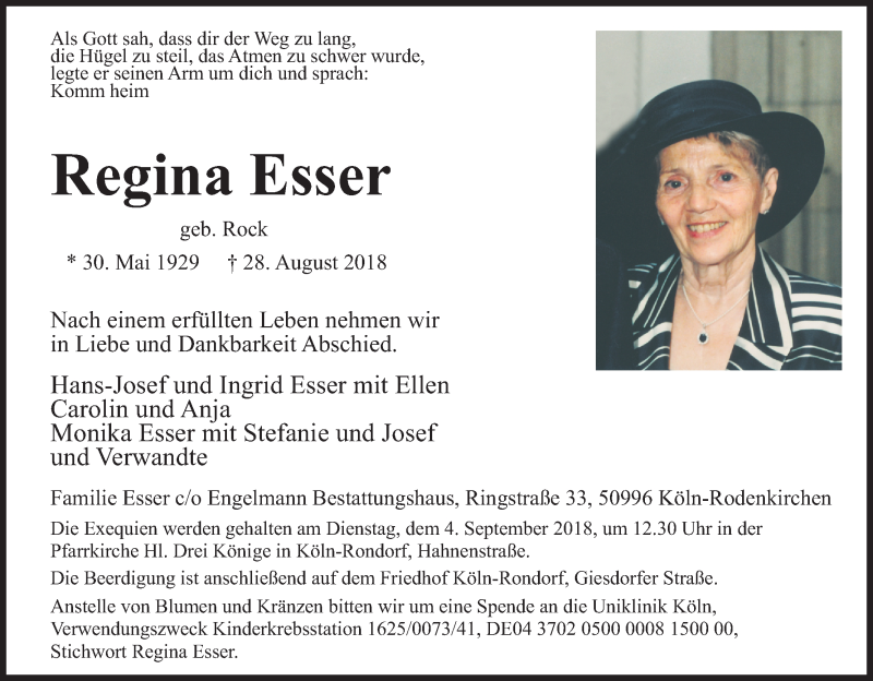  Traueranzeige für Regina Esser vom 01.09.2018 aus Kölner Stadt-Anzeiger / Kölnische Rundschau / Express