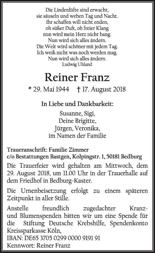  Traueranzeige für Reiner Franz vom 25.08.2018 aus  Sonntags-Post 