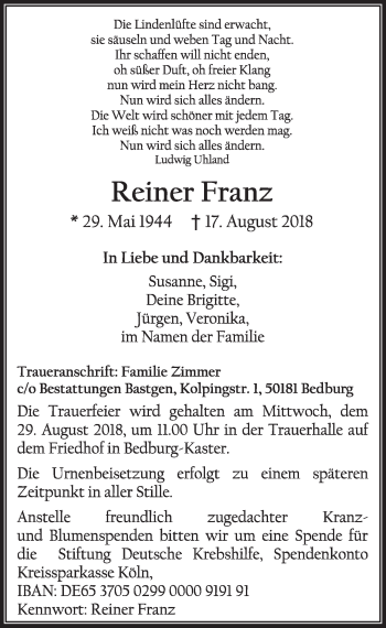 Anzeige von Reiner Franz von  Sonntags-Post 
