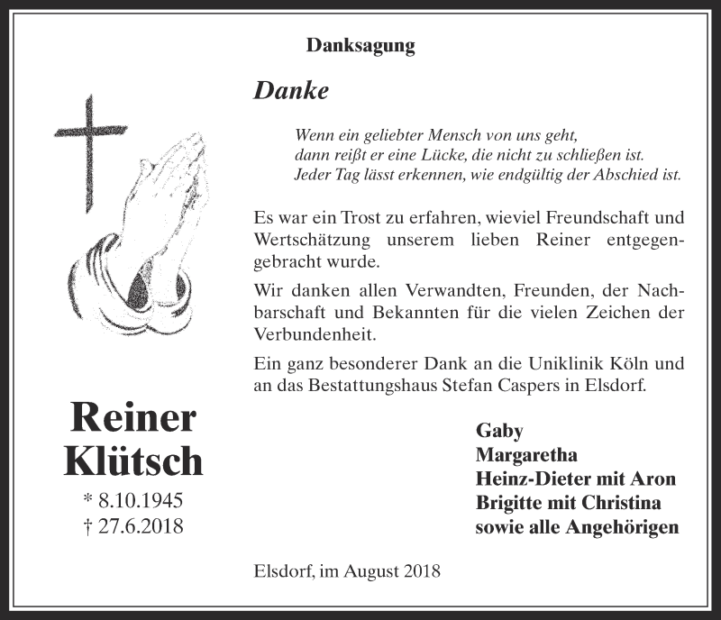  Traueranzeige für Reiner Klütsch vom 15.08.2018 aus  Werbepost 