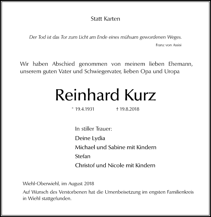  Traueranzeige für Reinhard Kurz vom 29.08.2018 aus  Anzeigen Echo 
