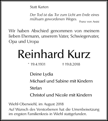 Anzeige von Reinhard Kurz von Kölner Stadt-Anzeiger / Kölnische Rundschau / Express