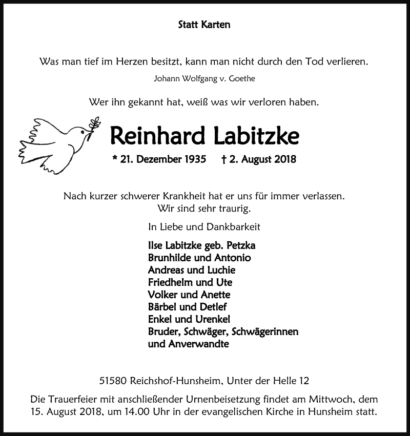  Traueranzeige für Reinhard Labitzke vom 08.08.2018 aus Kölner Stadt-Anzeiger / Kölnische Rundschau / Express