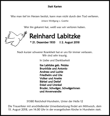 Anzeige von Reinhard Labitzke von Kölner Stadt-Anzeiger / Kölnische Rundschau / Express