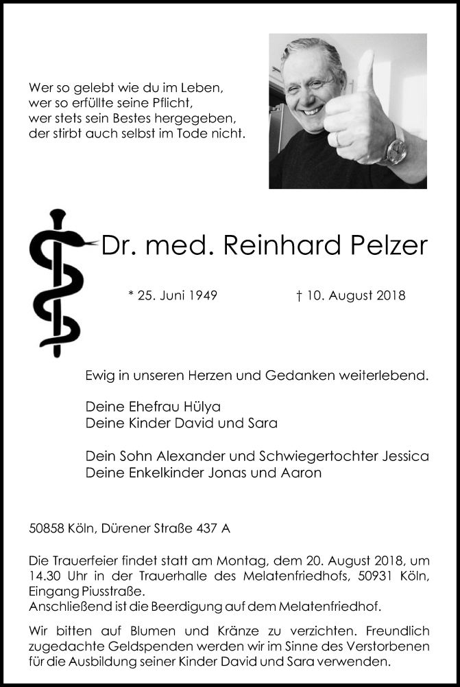  Traueranzeige für Reinhard Pelzer vom 18.08.2018 aus Kölner Stadt-Anzeiger / Kölnische Rundschau / Express