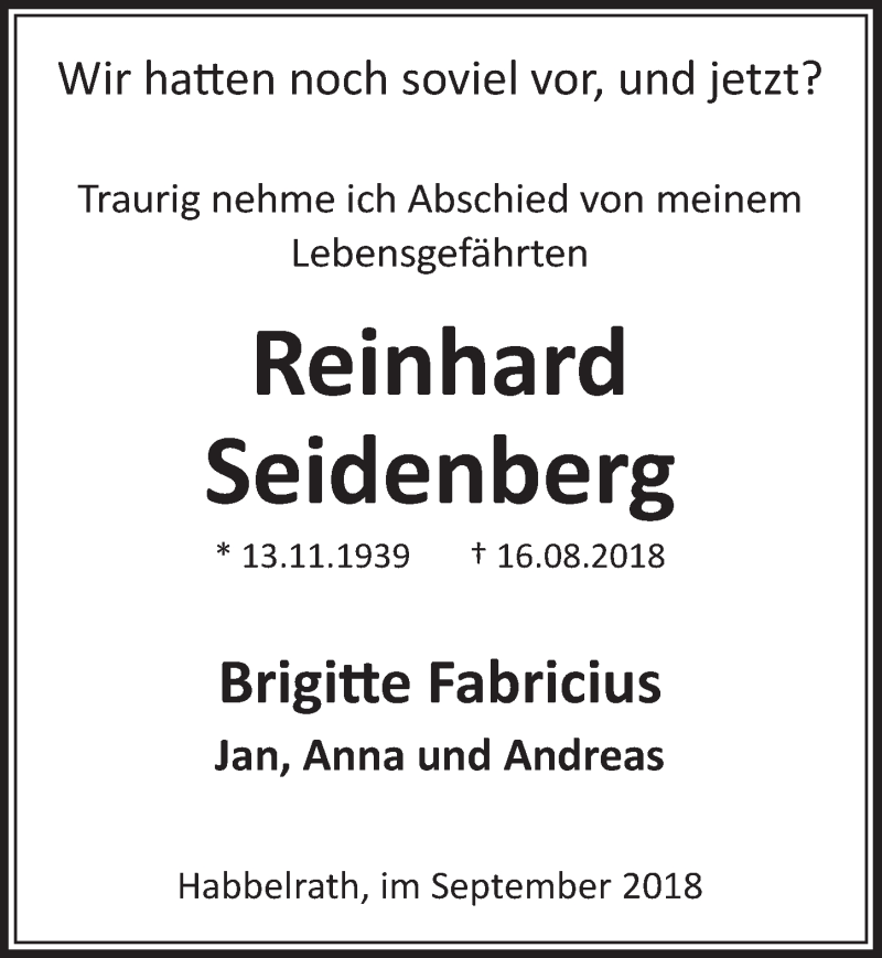  Traueranzeige für Reinhard Seidenberg vom 01.09.2018 aus  Sonntags-Post 