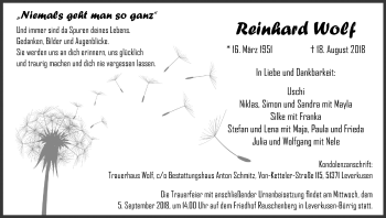 Anzeige von Reinhard Wolf von Kölner Stadt-Anzeiger / Kölnische Rundschau / Express