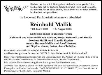 Anzeige von Reinhold Mallik von Kölner Stadt-Anzeiger / Kölnische Rundschau / Express