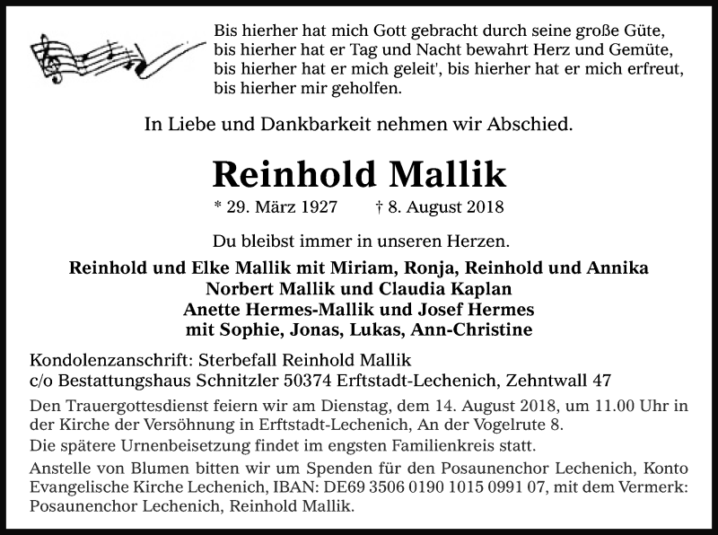  Traueranzeige für Reinhold Mallik vom 11.08.2018 aus Kölner Stadt-Anzeiger / Kölnische Rundschau / Express