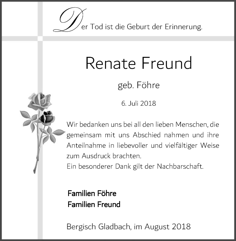  Traueranzeige für Renate Freund vom 18.08.2018 aus Kölner Stadt-Anzeiger / Kölnische Rundschau / Express