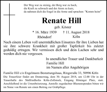 Anzeige von Renate Hill von Kölner Stadt-Anzeiger / Kölnische Rundschau / Express