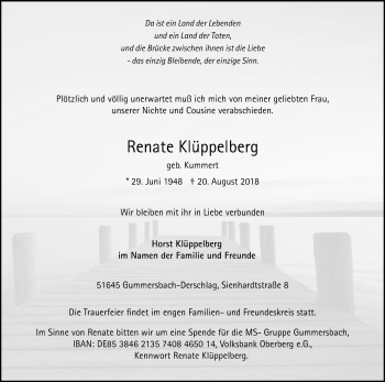 Anzeige von Renate Klüppelberg von Kölner Stadt-Anzeiger / Kölnische Rundschau / Express