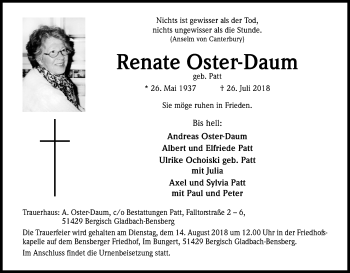 Anzeige von Renate Oster-Daum von Kölner Stadt-Anzeiger / Kölnische Rundschau / Express