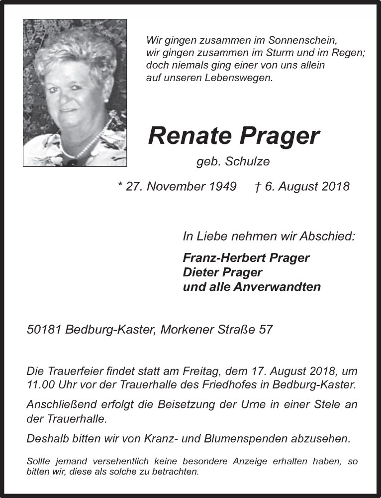  Traueranzeige für Renate Prager vom 15.08.2018 aus  Werbepost 