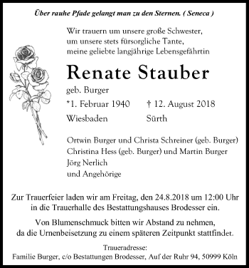 Anzeige von Renate Stauber von Kölner Stadt-Anzeiger / Kölnische Rundschau / Express