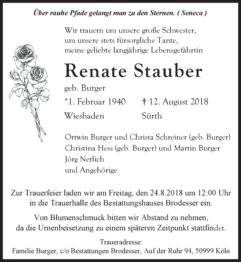  Traueranzeige für Renate Stauber vom 22.08.2018 aus  Kölner Wochenspiegel 