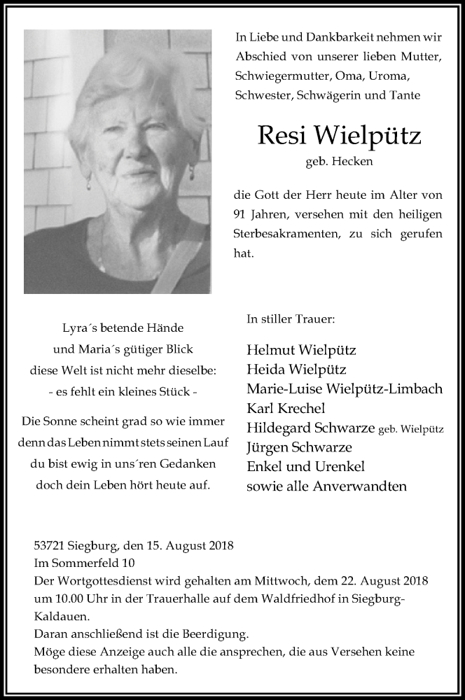  Traueranzeige für Resi Wielpütz vom 18.08.2018 aus Kölner Stadt-Anzeiger / Kölnische Rundschau / Express