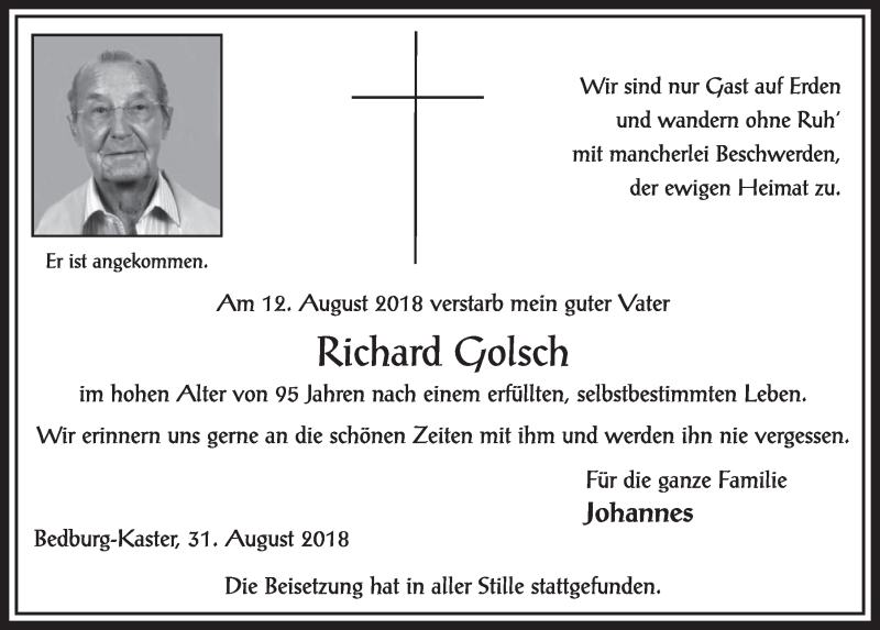  Traueranzeige für Richard Golsch vom 01.09.2018 aus  Sonntags-Post 