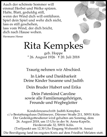 Anzeige von Rita Kempkes von Kölner Stadt-Anzeiger / Kölnische Rundschau / Express