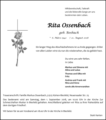 Anzeige von Rita Ossenbach von Kölner Stadt-Anzeiger / Kölnische Rundschau / Express