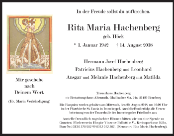 Anzeige von Rita Maria Hachenberg von Kölner Stadt-Anzeiger / Kölnische Rundschau / Express