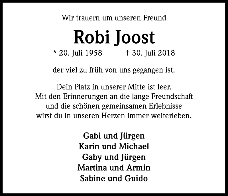  Traueranzeige für Robi Joost vom 08.08.2018 aus Kölner Stadt-Anzeiger / Kölnische Rundschau / Express