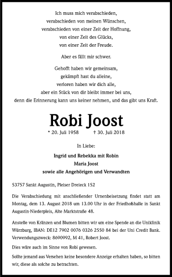 Anzeige von Robi Joost von Kölner Stadt-Anzeiger / Kölnische Rundschau / Express