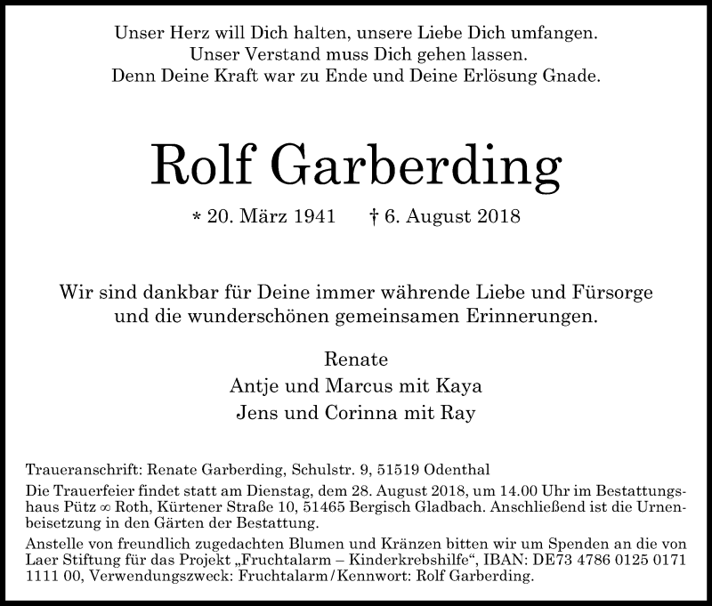  Traueranzeige für Rolf Garberding vom 18.08.2018 aus Kölner Stadt-Anzeiger / Kölnische Rundschau / Express