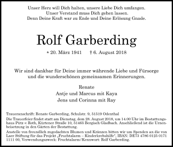 Anzeige von Rolf Garberding von Kölner Stadt-Anzeiger / Kölnische Rundschau / Express